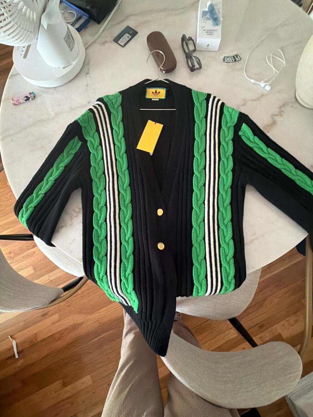 Gucci x Adidas Wool Cable Knit Cardigan in Black and Green